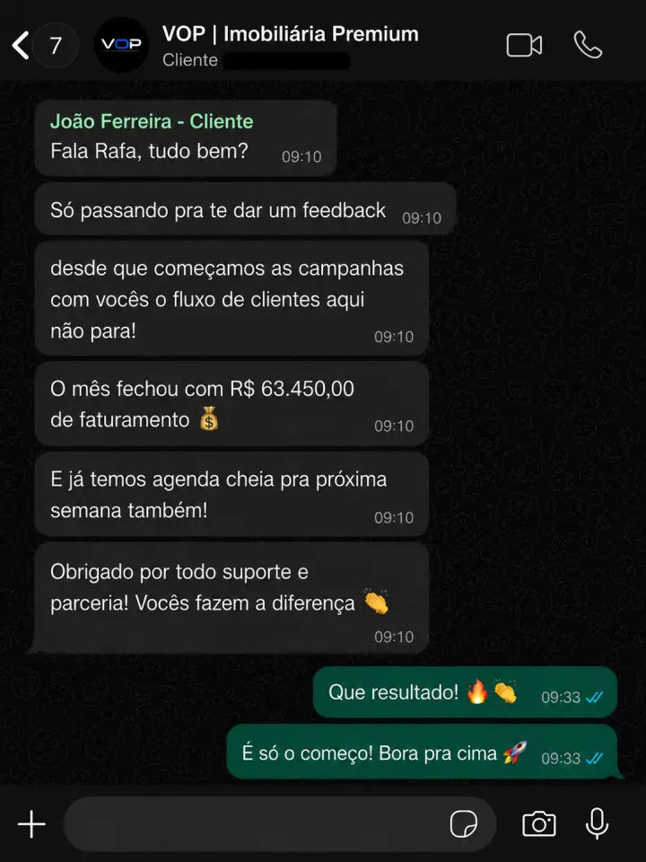 Feedback do cliente Imobiliária Premium