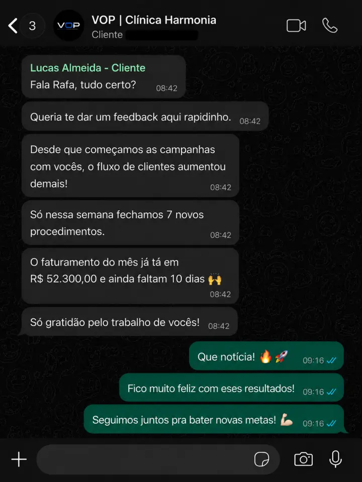 Feedback do cliente Clínica Harmonia